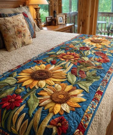 Farmhouse Sunflower Quilted Bed Runner — Rustic Sunflower Decorative Bed Scarf For Queen & King, Cozy Cotton-Look Accent & Machine Washable