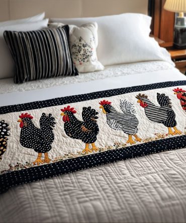 Farmyard Fowl Rustic Quilted Bed Runner — Chicken & Rooster Themed Bed Scarf, Country Pattern, Machine Washable, Durable