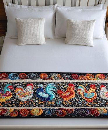 Feathered Friends Decorative Quilted Bed Runner — Charming Bird-Themed Bed Scarf For Farmhouse & Cottage Style Bedrooms