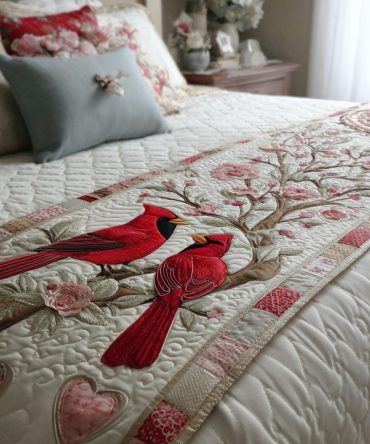 Feathered Hearts Quilted Bed Runner - Romantic Feather & Heart Bed Scarf For Queen & King Beds, Soft Decorative Throw