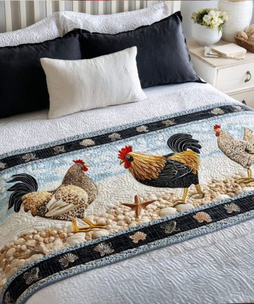 Feathered Nest Cozy Quilted Bed Runner — Neutral Farmhouse Bed Scarf With Bird & Feather Motifs, Soft Cotton, Easy Care