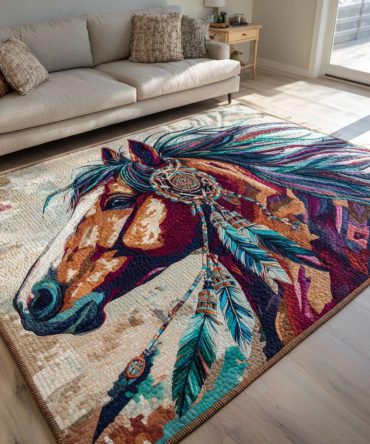 Feathered Spirit Bohemian Area Rug - Ethnic Feather Pattern, Low-Pile Soft Rug For Living Room, Bedroom & Boho-Chic Spaces