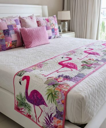 Feathered Tropics Quilted Bed Runner — Tropical Leaf & Feather Decorative Bed Scarf, Reversible Cotton-Blend Accent For Queen & King