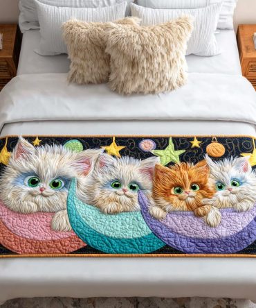 Feline Joy Quilted Bed Runner — Charming Cat Pattern Cotton Throw For Bed & Bench , Soft, Reversible, Easy-Care Home Accent