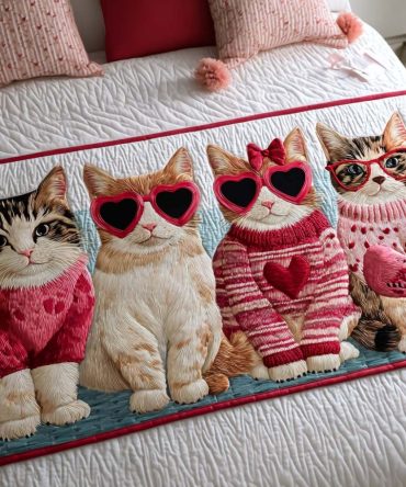Feline Valentine Quilted Bed Runner — Playful Cat & Heart Accent For Bedroom, Lightweight Quilting, Easy Care