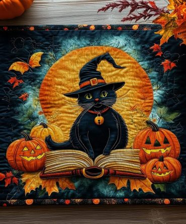 Enchanting Witch Cat Quilted Placemat — Halloween Table Decor, Spooky Cat Dining Mat, Machine-Washable Seasonal Accent