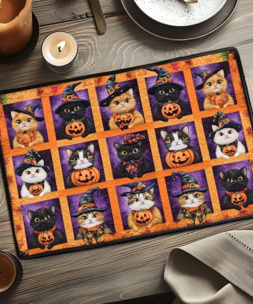 Feline Witch Quilted Placemat — Black Cat Witch Design for Halloween Tables, Quilted Cotton Blend, Heat-Resistant & Easy-Care