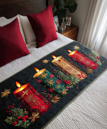 Festive Candles Quilted Bed Runner – Warm Holiday Bedding Accent With Candle Motifs, Soft Quilting, Ideal For Seasonal Styling