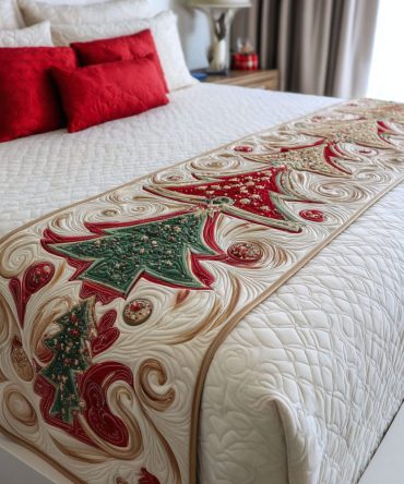 Festive Charm Quilted Bed Scarf — Cheerful Holiday Decorative Runner For Beds, Seasonal Quilt Accent With Cozy Cotton Blend