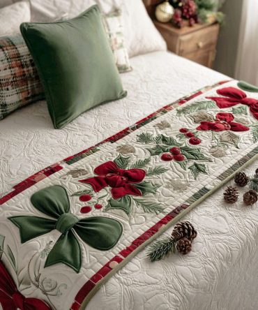 Festive Chimes Quilted Bed Runner — Holiday Bell & Chime Motif Decorative Runner, Quilted Accent To Elevate Seasonal Bedroom Decor With Warmth