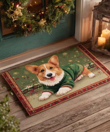 Cozy Corgi Holiday Welcome Mat — Warm Seasonal Front Door Rug, Soft Durable Indoor/Outdoor Doormat, Cute Corgi Christmas Decor