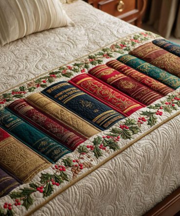 Festive Folio Quilted Bed Runner — Holiday Book-Themed Bed Scarf, Cheerful Decorative Accent For Seasonal Bedroom Styling