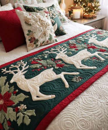 Festive Gallop Quilted Bed Scarf — Whimsical Holiday Horse Motif Accent For Christmas Staging, Cozy Quilted Bedding Throw