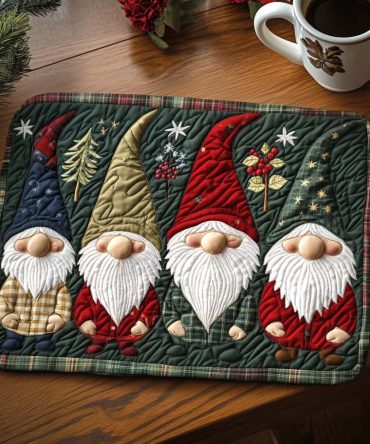 Festive Gnomes Quilted Placemat — Whimsical Holiday Table Decor, Colorful Printed Cotton, Heat-Proof & Machine Wash Friendly