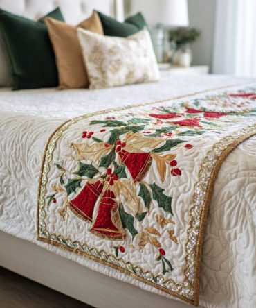 Festive Harmony Quilted Bed Scarf — Elegant Holiday Bedding Accent For Queen & King, Coordinated Seasonal Decor In Warm Tones