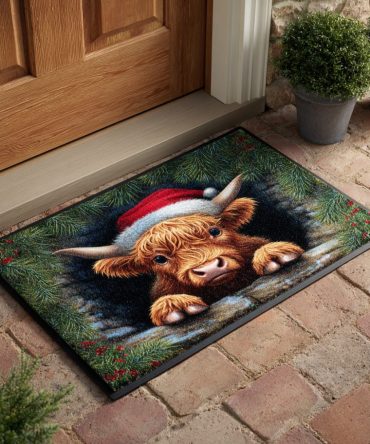 Festive Highland Calf Welcome Mat - Durable Outdoor Porch & Entryway Rug, Non-Slip Weather-Resistant Holiday Highland Calf Art