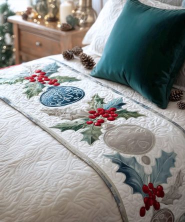 Festive Holly Quilted Bed Runner — Traditional Christmas Bedding Accent, Holly & Berry Quilted Scarf For Classic Holiday Home Styling