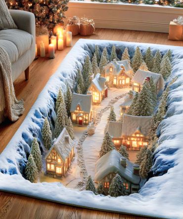 Festive Journey Scenic Area Rug - Storybook Holiday Landscape, Low-Pile Durable Rug For Living Rooms, Halls & Seasonal Decorating