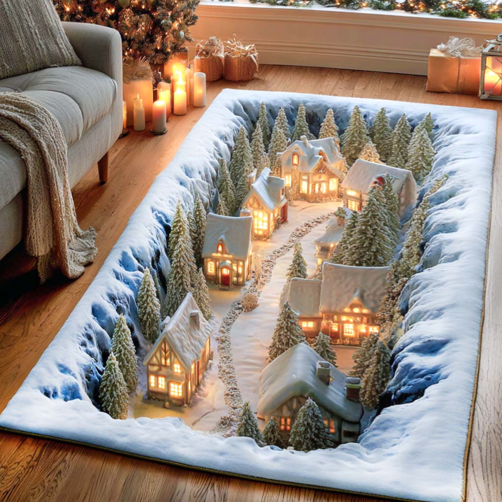 Festive Journey Scenic Area Rug - Storybook Holiday Landscape, Low-Pile Durable Rug For Living Rooms, Halls & Seasonal Decorating