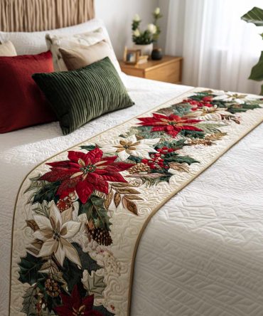 Holiday Festive Joy Quilted Bed Runner — Christmas Bedding Accent, Plush Quilted Bed Scarf, Reversible, Gift-Ready