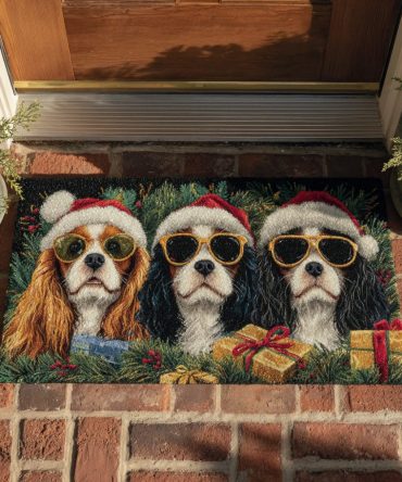 Holiday King Charles Dog Doormat — Festive Cavalier Welcome Mat, Weather-Ready Coir Rug For Porch & Pet Lovers