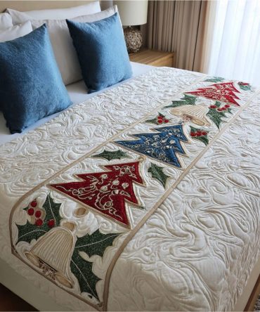 Festive Ornament Quilted Bed Scarf - Colorful Holiday Bed Runner With Ornament Motifs, Reversible Design & Machine Washable