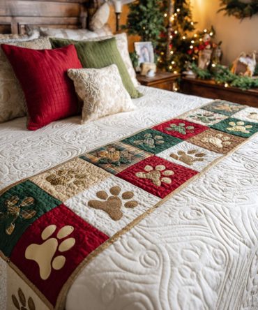 Festive Pawline Quilted Bed Runner — Cheerful Holiday Paw & Pattern Bedding Accent To Add Seasonal Warmth To Any Room