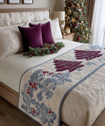 Festive Petals Quilted Bed Runner — Holiday Floral Bed Scarf, Vibrant Quilted Throw For Seasonal Bedroom Refresh, Easy Care