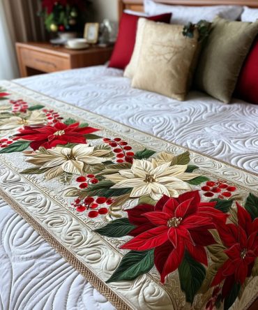Festive Petals Quilted Bed Scarf — Cheerful Holiday Bedding Accent For Queen & King, Colorful Petal Motifs & Soft Quilting