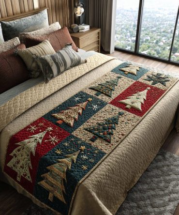 Festive Pines Quilted Bed Runner – Rustic Pine Needle Design For Holiday Bedding, Decorative Runner For Master & Guest Beds, Seasonal Home Accent