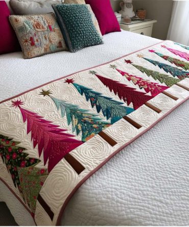Festive Pines Quilted Bed Runner - Rustic Holiday Bedding Accent, Evergreen Pine Motif, Plush Quilted Throw For Foot Of Bed