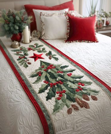 Festive Pines Quilted Bed Runner — Rustic Christmas Bed Scarf With Pine Tree Motif, Quilted Holiday Accent For Bedroom Decor, Washable