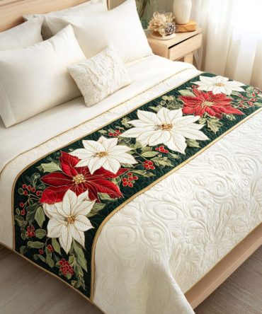 Festive Poinsettia Quilted Bed Runner — Holiday Floral Bed Scarf With Rich Embroidery, Reversible, Machine Washable For Easy Seasonal Styling