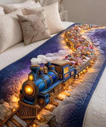 Festive Rail Glow Quilted Bed Runner – Holiday Rail Motif Bed Scarf For Cheerful Seasonal Styling , Quilted Throw, Easy Care