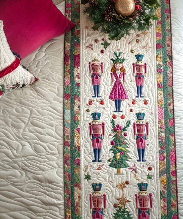 Festive Soldiers Quilted Bed Runner — Nutcracker Soldier Bed Scarf For Holiday Décor, Quilted Classic Christmas Accent Throw