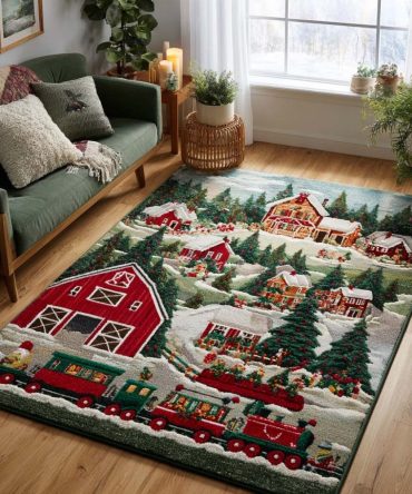 Classic Festive Train Area Rug — Charming Holiday Toy Train Rug For Kids’ Rooms, Play Areas & Entryways With Soft Pile