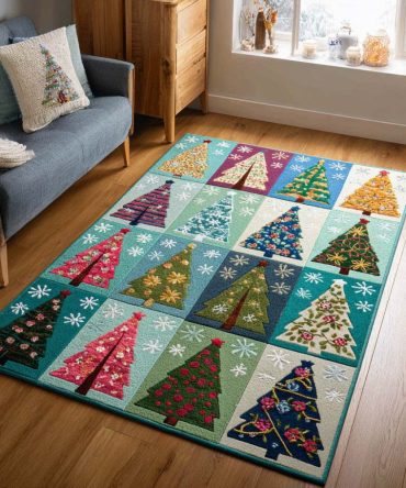 Scenic Festive Trees Area Rug — Holiday Forest Area Rug For Living Room, Hallway & Kids Spaces With Soft Durable Pile