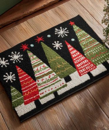 Festive Evergreen Trees Welcome Mat — Holiday Front Door Doormat, Durable Outdoor/Indoor Christmas Rug With Non-Slip Backing & Easy-Clean Surface