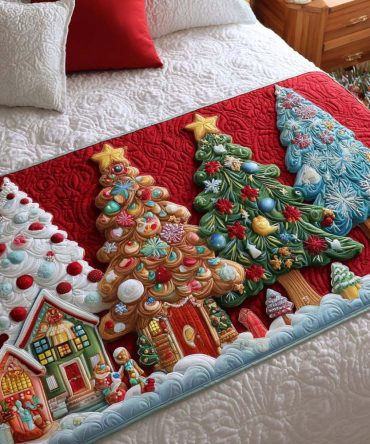Festive Trees Quilted Bed Runner — Scenic Holiday Tree Motif Bed Scarf For Seasonal Bedroom Styling, Soft Padded Design