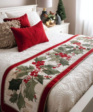 Festive Trees Quilted Bed Runner — Holiday Pine Design Bedding Accent, Plush Quilted Scarf For Bed & Sofa, Easy-Care Seasonal Décor