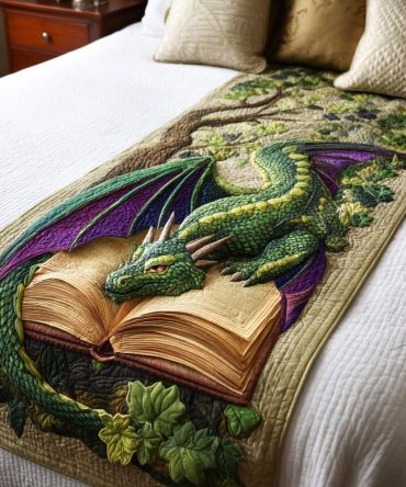 Fire Tale Chronicle Quilted Bed Runner – Vibrant Storybook Flame Design Decorative Bed Scarf For Colorful Bedroom Styling