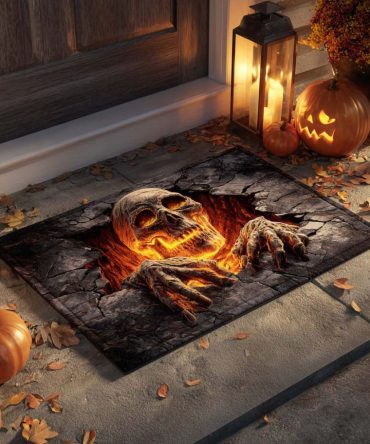 Flaming Skull Welcome Mat — Bold Halloween Coir Doormat With Non-Slip Backing For Porch, Entry & Party Decor