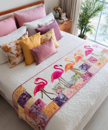 Flamingaura Quilted Bed Scarf — Luxe Tropical Flamingo Bed Runner For Bold Bedroom Statements, Soft Quilting, Reversible & Machine Washable
