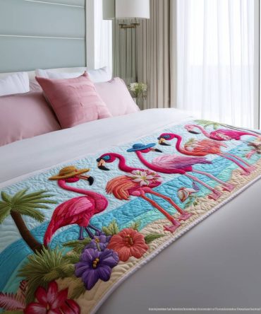 Tropical Flamingo Quilted Bed Scarf — Premium Coastal Accent Runner For Queen & King Beds, Lightweight Cotton-Blend