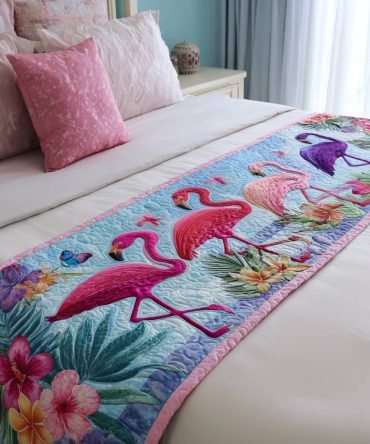 Flamingo Bloom Quilted Bed Runner Accent — Bold Tropical Flamingo Design, Soft Quilted Foot Throw For Stylish Bedroom Makeovers