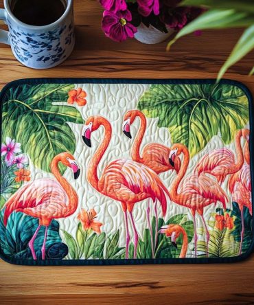 Flamingo Grove Quilted Placemat — Stylish Flamingo & Foliage Table Accent, Durable Quilted Placemat for Coastal or Tropical Dining, Machine Washable