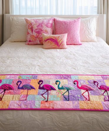 Flamingo Trails Quilted Bed Scarf — Tropical Flamingo Accent Bed Runner To Add Playful Color & Style, Lightweight, Reversible, Easy Care