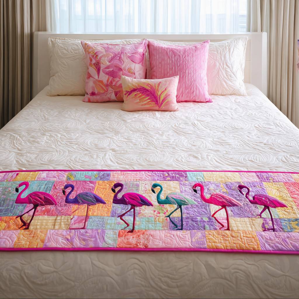 Flamingo Trails Quilted Bed Scarf — Tropical Flamingo Accent Bed Runner To Add Playful Color & Style, Lightweight, Reversible, Easy Care