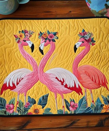 Flamingo Trio Quilted Placemat — Tropical Flamingo Table Accent, Vibrant Quilted Placemat for Poolside & Indoor Dining, Durable & Machine Washable