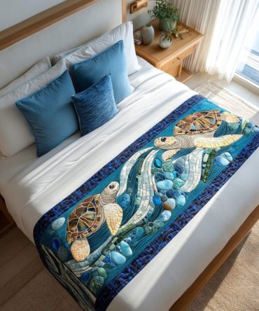 Floating Sanctuary Quilted Bed Runner — Serene Blue Cotton Throw With Minimalist Motifs, Calming Bedroom Accent For Queen & King Beds